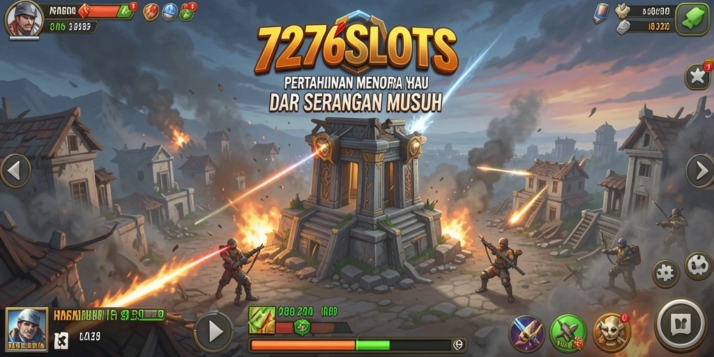 Screenshot gameplay 7276SLOTS menampilkan pertahanan menara yang megah melawan gelombang musuh.