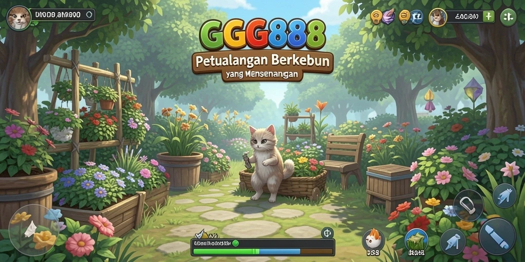 Screenshot utama GGG888 menampilkan kebun yang luas dan berwarna-warni.