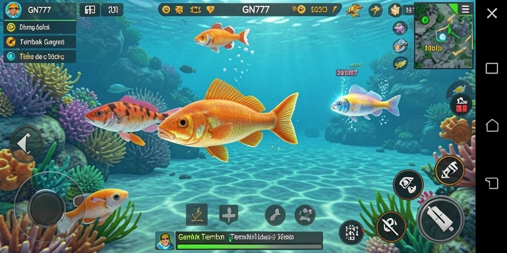 Screenshot gameplay GN777 menunjukkan aksi menembak ikan yang seru.