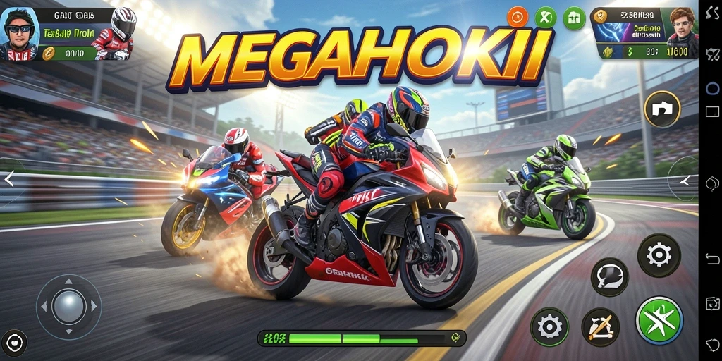 Tangkapan layar MEGAHOKI menunjukkan aksi balapan motor yang mendebarkan.