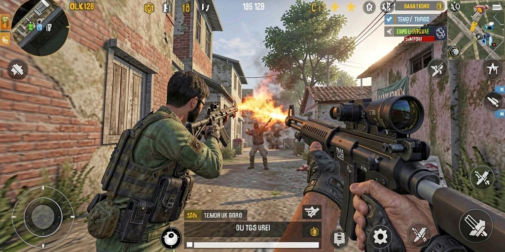 Tampilan gameplay seru dari OLX128 dengan aksi tembak-menembak yang mendebarkan.