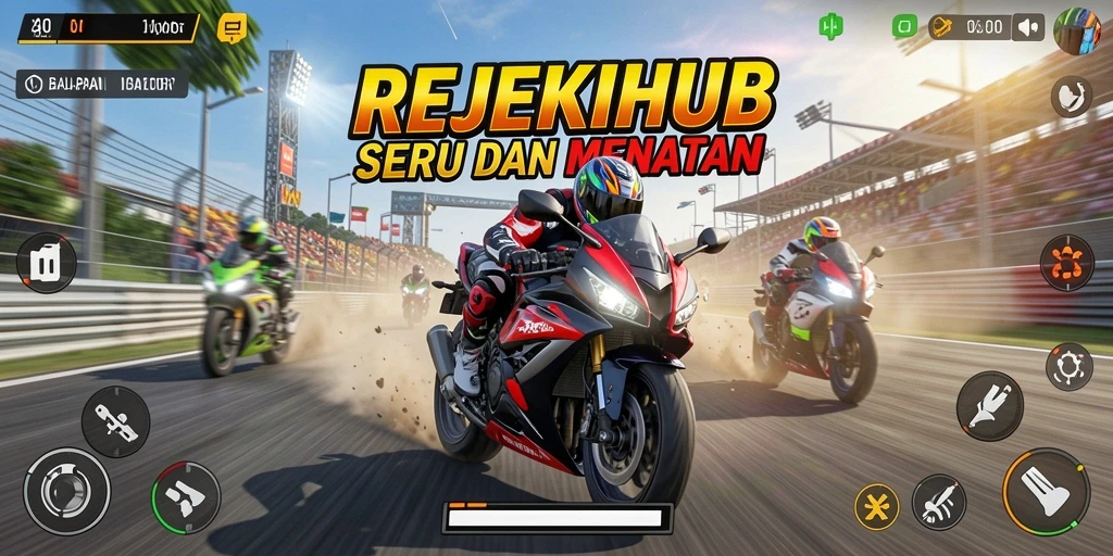 Gameplay seru REJEKIHUB dengan balapan motor yang mendebarkan.