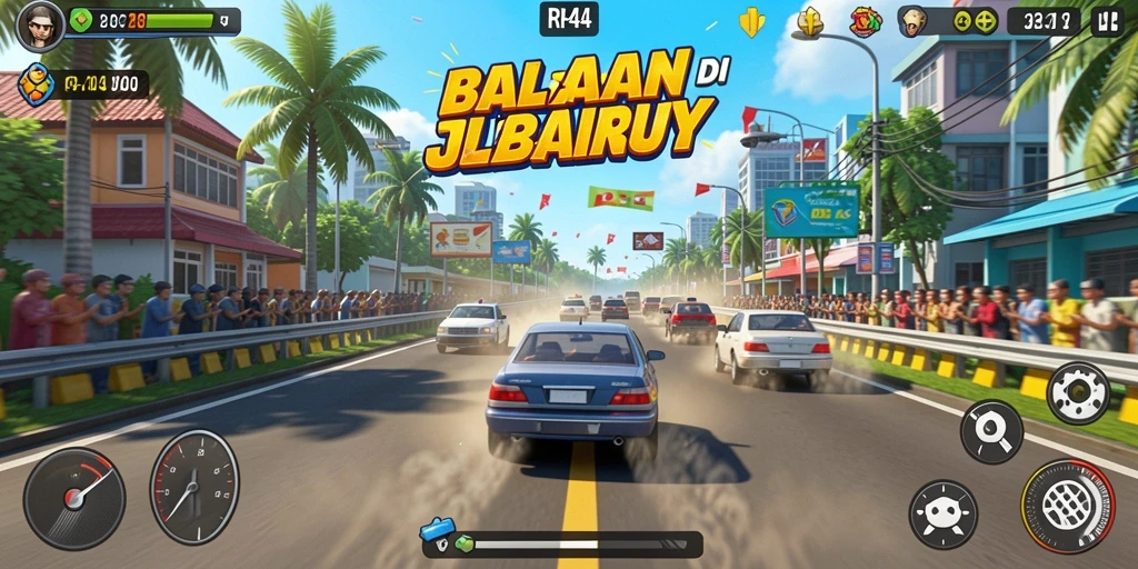 Screenshot gameplay RR44 menampilkan aksi balap yang seru dan menegangkan.