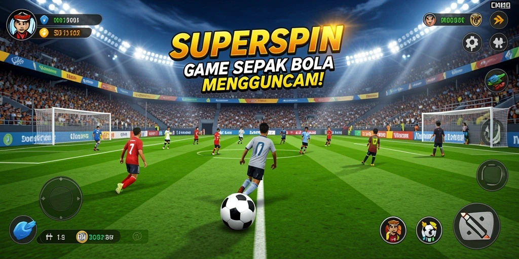 Tampilan gameplay menarik dari SUPERSPIN dengan aksi sepak bola yang seru.