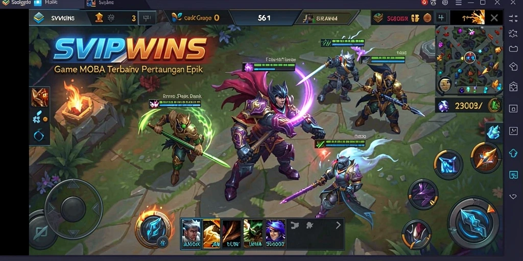 Screenshot gameplay seru dari SVIPWINS menampilkan aksi MOBA yang mendebarkan.